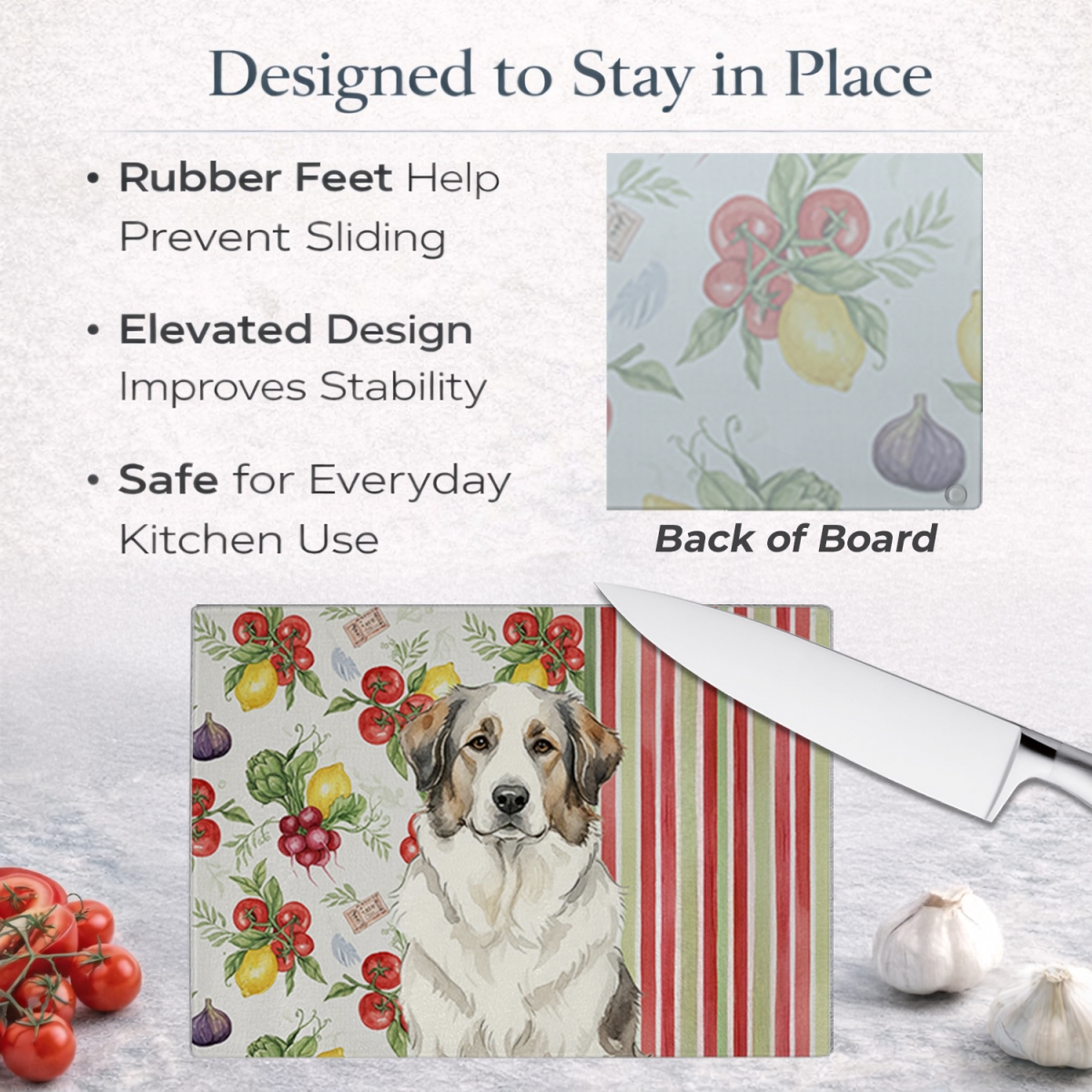 Picture of Carolines Treasures WDK8256LCB 11.25 x 15.25 in. decalr Great Pyrenees Vegetables Glass Cutting Board