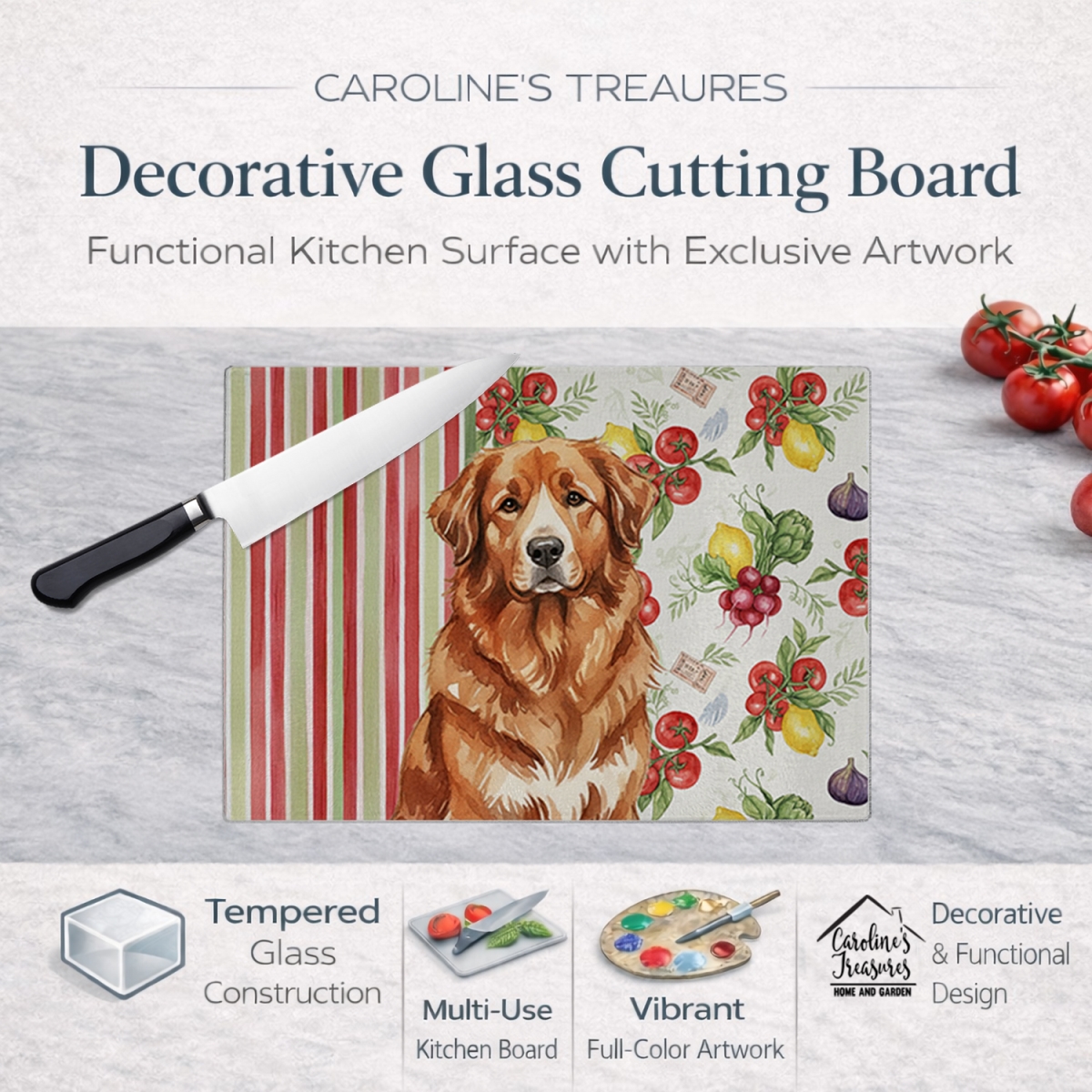 Picture of Carolines Treasures WDK8257LCB 11.25 x 15.25 in. Reddish Brown Great Pyrenees Vegetables Glass Cutting Board