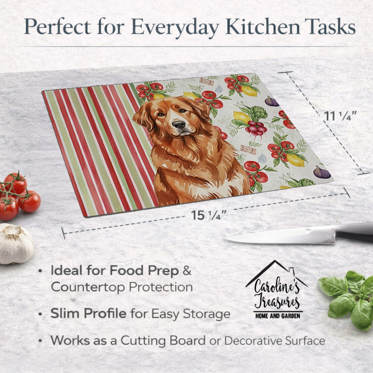 Picture of Carolines Treasures WDK8257LCB 11.25 x 15.25 in. Reddish Brown Great Pyrenees Vegetables Glass Cutting Board