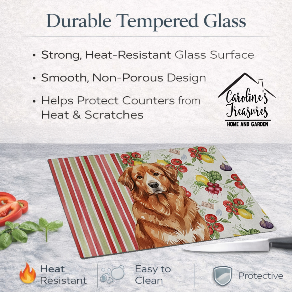 Picture of Carolines Treasures WDK8257LCB 11.25 x 15.25 in. Reddish Brown Great Pyrenees Vegetables Glass Cutting Board