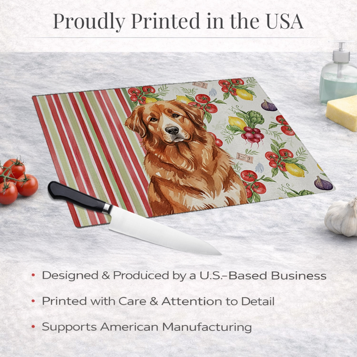 Picture of Carolines Treasures WDK8257LCB 11.25 x 15.25 in. Reddish Brown Great Pyrenees Vegetables Glass Cutting Board