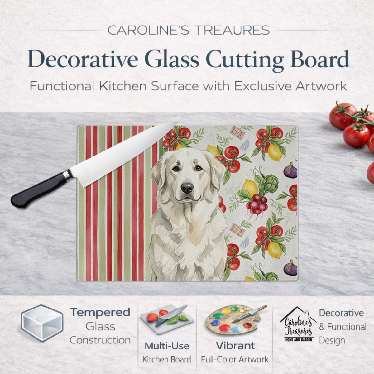 Picture of Carolines Treasures WDK8258LCB 11.25 x 15.25 in. White Great Pyrenees Vegetables Glass Cutting Board