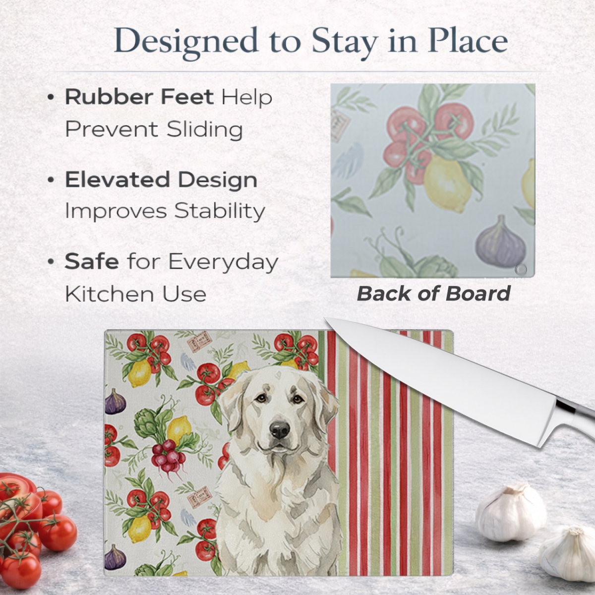 Picture of Carolines Treasures WDK8258LCB 11.25 x 15.25 in. White Great Pyrenees Vegetables Glass Cutting Board