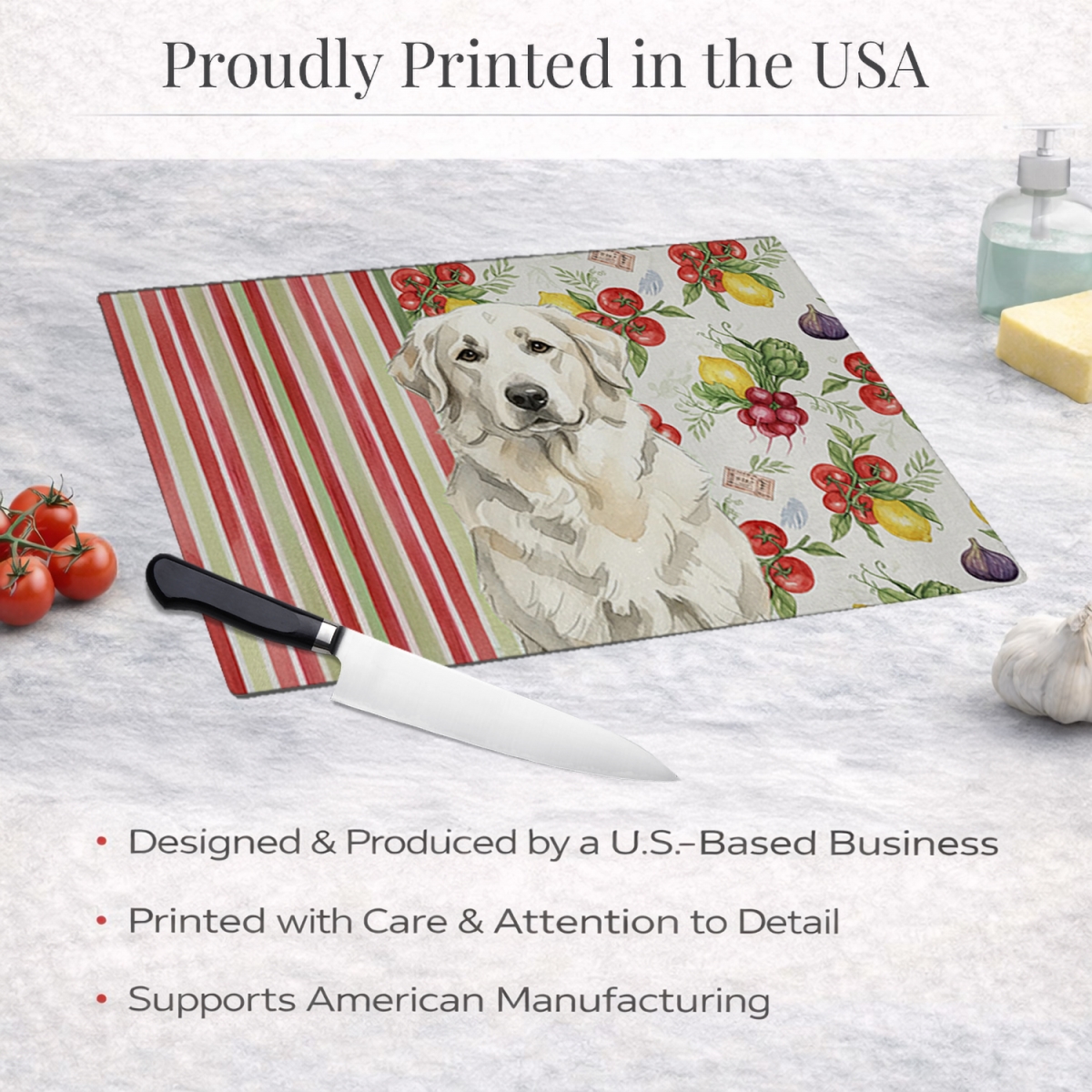 Picture of Carolines Treasures WDK8258LCB 11.25 x 15.25 in. White Great Pyrenees Vegetables Glass Cutting Board