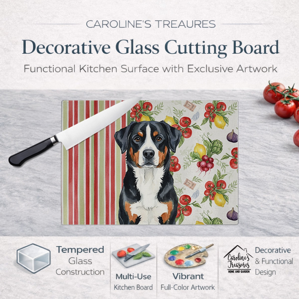 Picture of Carolines Treasures WDK8259LCB 11.25 x 15.25 in. Greater Swiss Mountain Dog Vegetables Glass Cutting Board