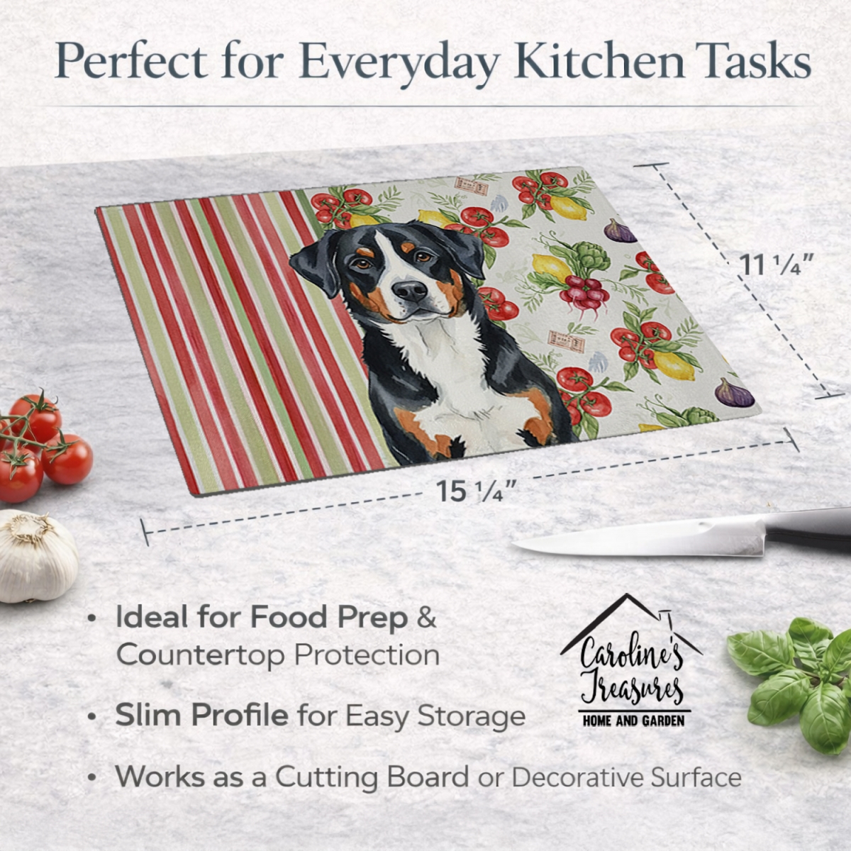 Picture of Carolines Treasures WDK8259LCB 11.25 x 15.25 in. Greater Swiss Mountain Dog Vegetables Glass Cutting Board