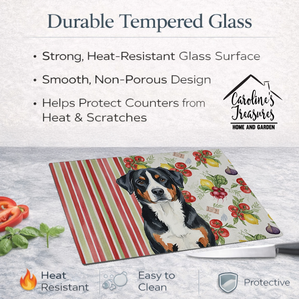 Picture of Carolines Treasures WDK8259LCB 11.25 x 15.25 in. Greater Swiss Mountain Dog Vegetables Glass Cutting Board