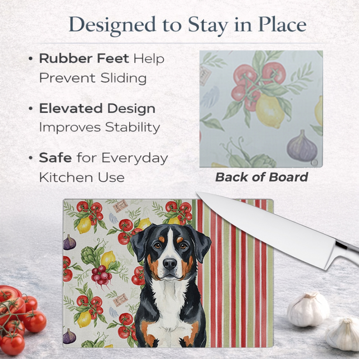 Picture of Carolines Treasures WDK8259LCB 11.25 x 15.25 in. Greater Swiss Mountain Dog Vegetables Glass Cutting Board
