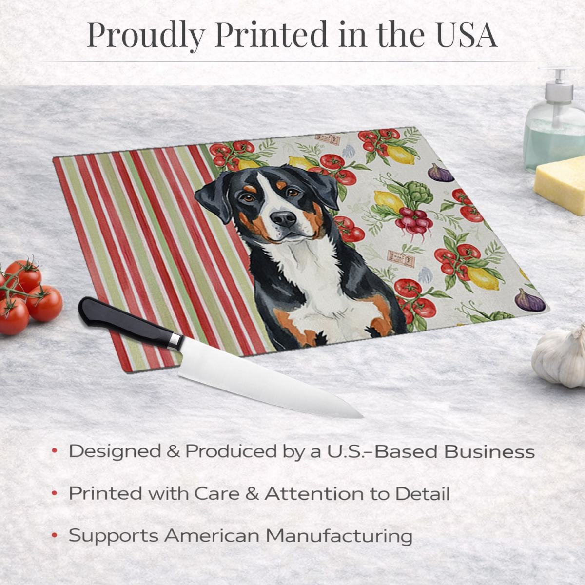 Picture of Carolines Treasures WDK8259LCB 11.25 x 15.25 in. Greater Swiss Mountain Dog Vegetables Glass Cutting Board
