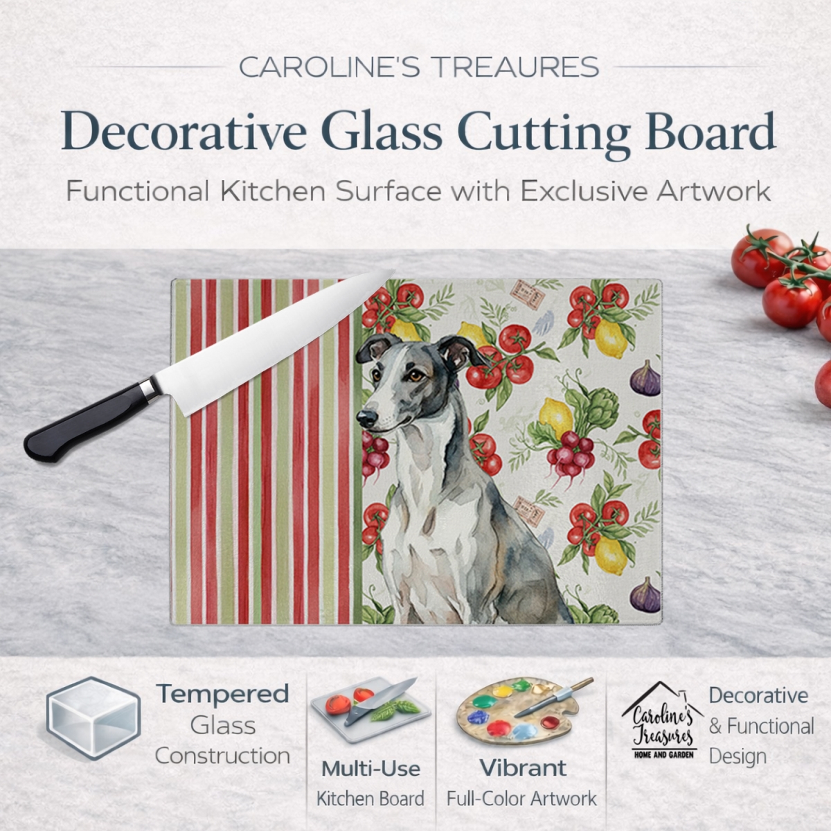 Picture of Carolines Treasures WDK8260LCB 11.25 x 15.25 in. Black & White Greyhound Vegetables Glass Cutting Board