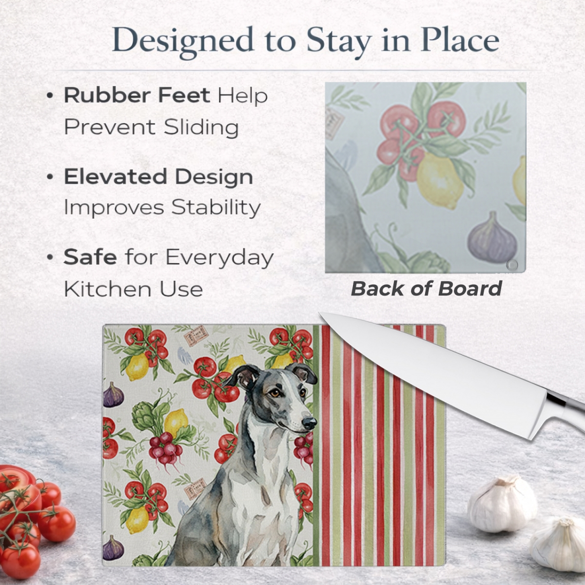 Picture of Carolines Treasures WDK8260LCB 11.25 x 15.25 in. Black & White Greyhound Vegetables Glass Cutting Board