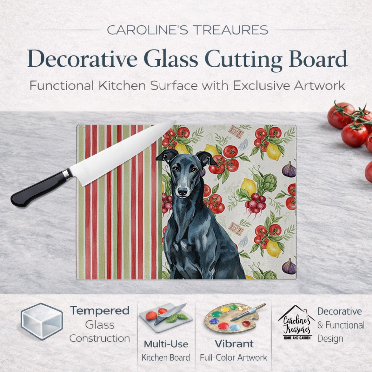 Picture of Carolines Treasures WDK8261LCB 11.25 x 15.25 in. Black Greyhound Vegetables Glass Cutting Board