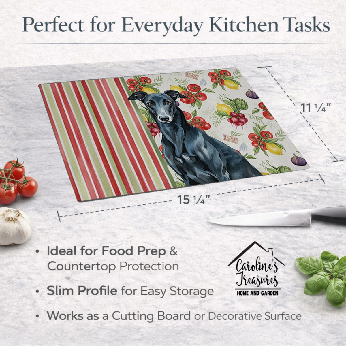 Picture of Carolines Treasures WDK8261LCB 11.25 x 15.25 in. Black Greyhound Vegetables Glass Cutting Board