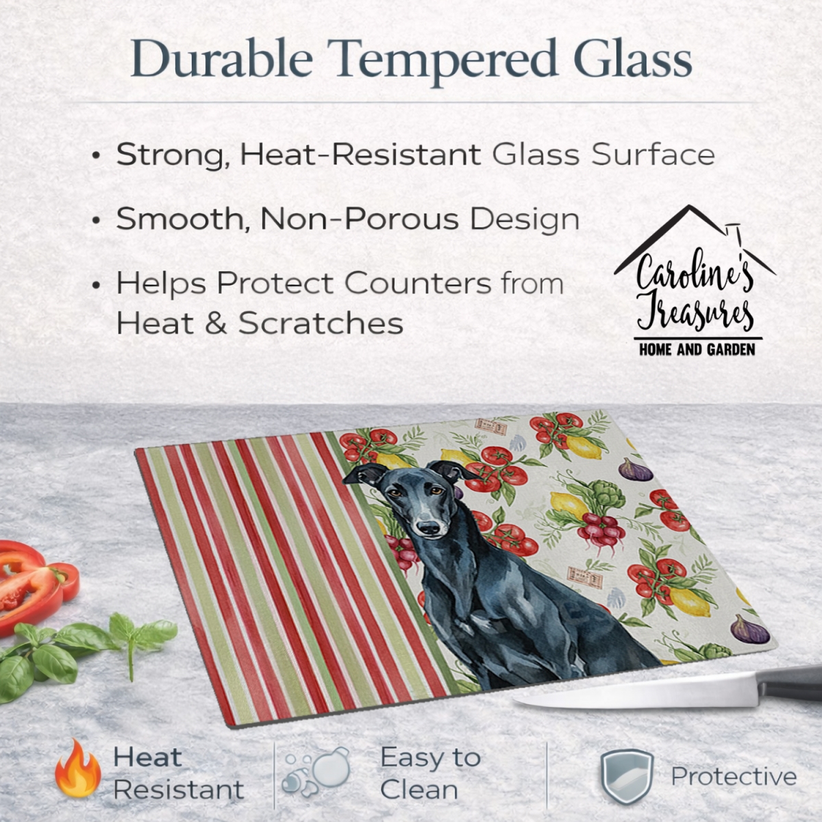 Picture of Carolines Treasures WDK8261LCB 11.25 x 15.25 in. Black Greyhound Vegetables Glass Cutting Board