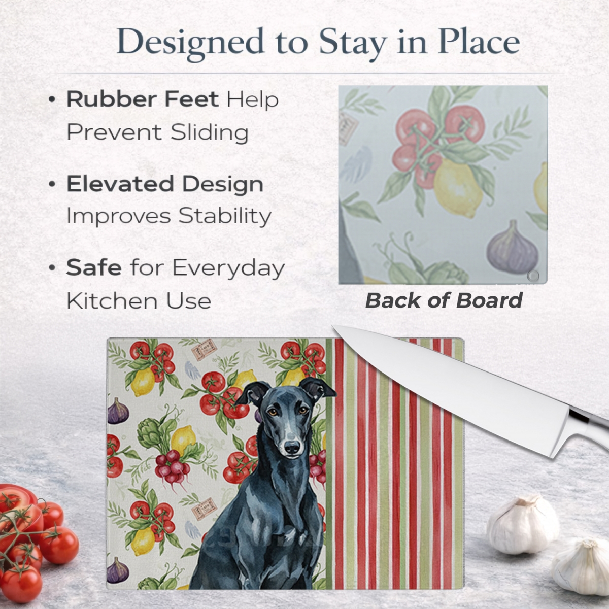 Picture of Carolines Treasures WDK8261LCB 11.25 x 15.25 in. Black Greyhound Vegetables Glass Cutting Board