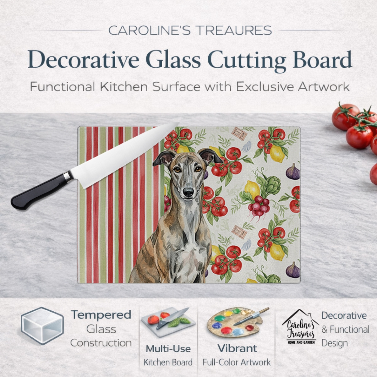 Picture of Carolines Treasures WDK8263LCB 11.25 x 15.25 in. Brindle Greyhound Vegetables Glass Cutting Board