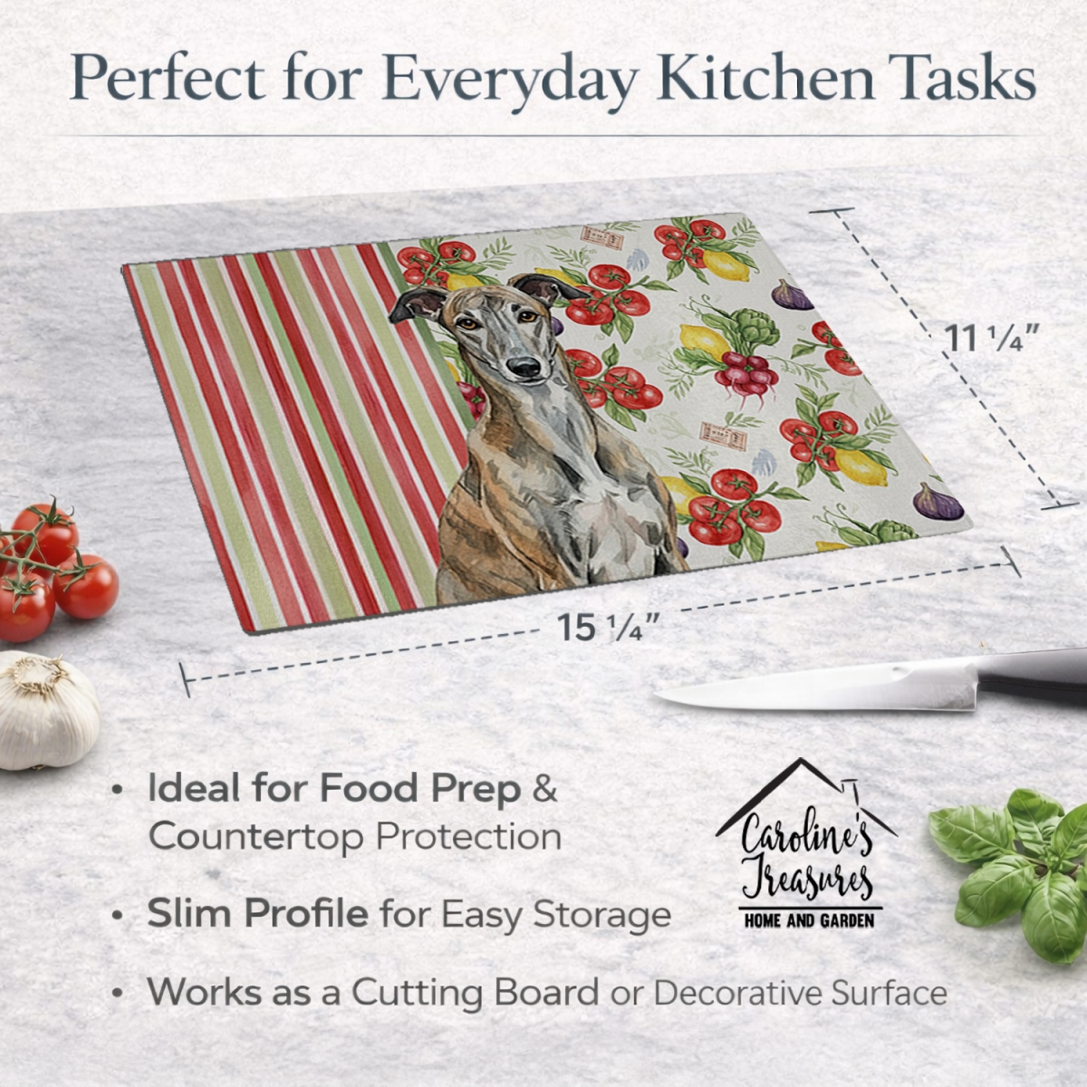 Picture of Carolines Treasures WDK8263LCB 11.25 x 15.25 in. Brindle Greyhound Vegetables Glass Cutting Board