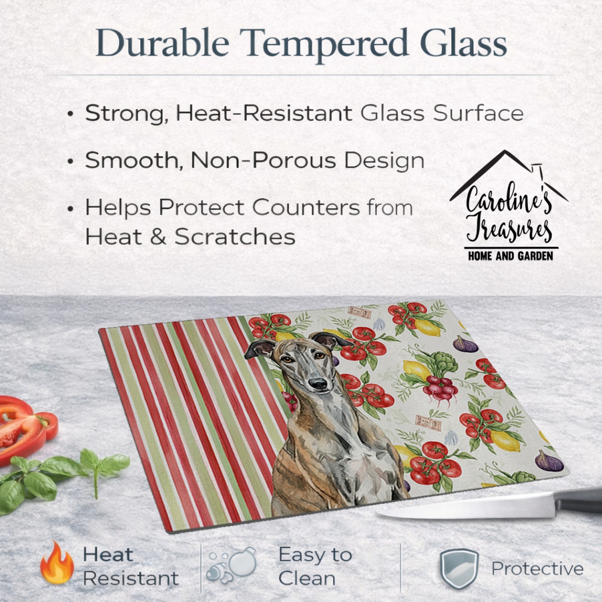 Picture of Carolines Treasures WDK8263LCB 11.25 x 15.25 in. Brindle Greyhound Vegetables Glass Cutting Board