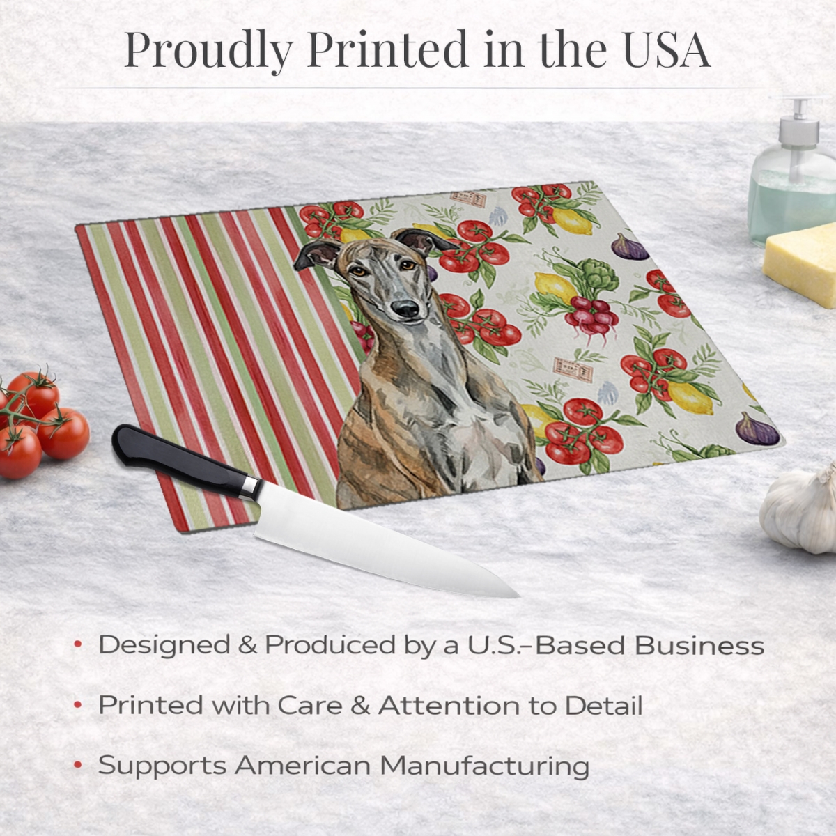 Picture of Carolines Treasures WDK8263LCB 11.25 x 15.25 in. Brindle Greyhound Vegetables Glass Cutting Board