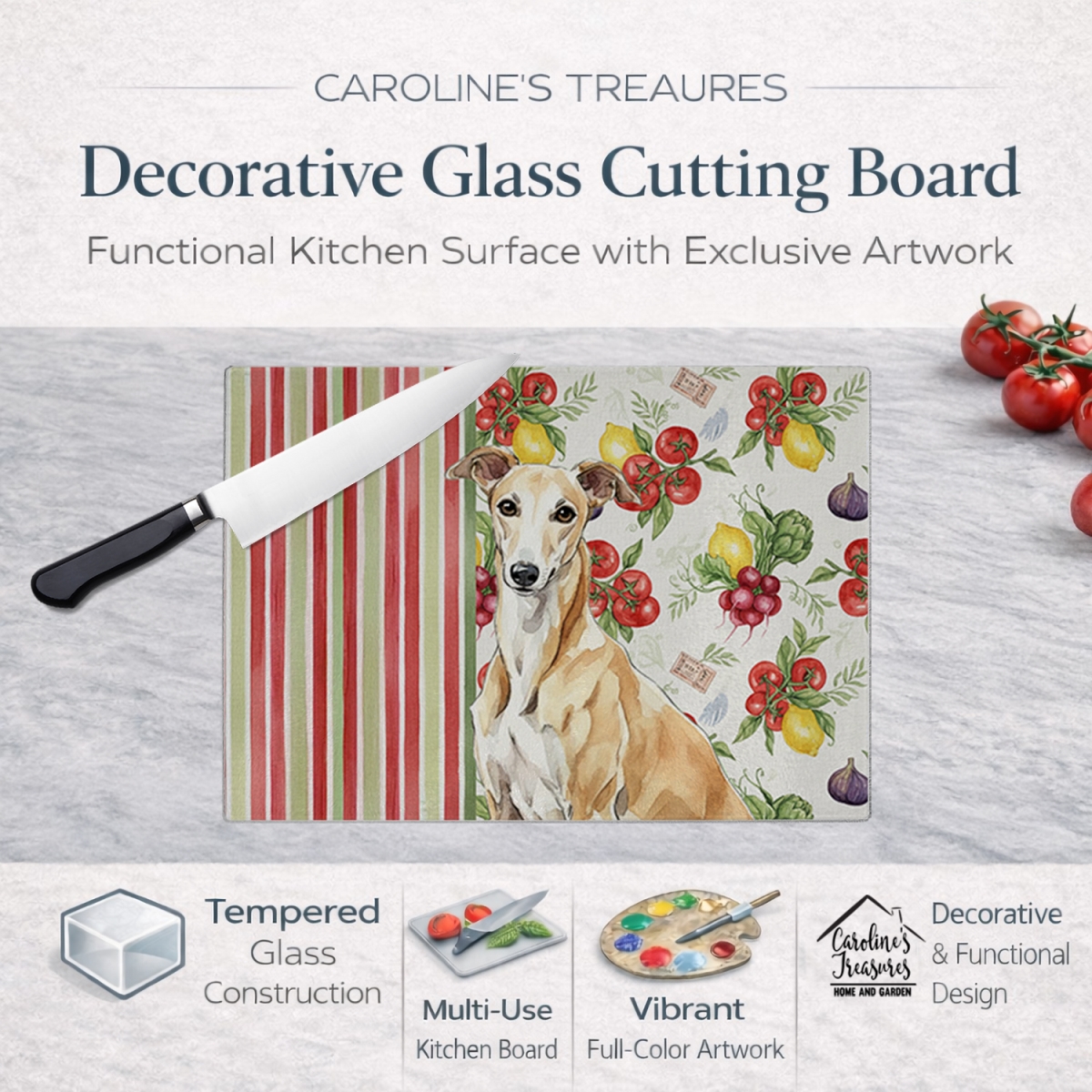 Picture of Carolines Treasures WDK8264LCB 11.25 x 15.25 in. Fawn Greyhound Vegetables Glass Cutting Board