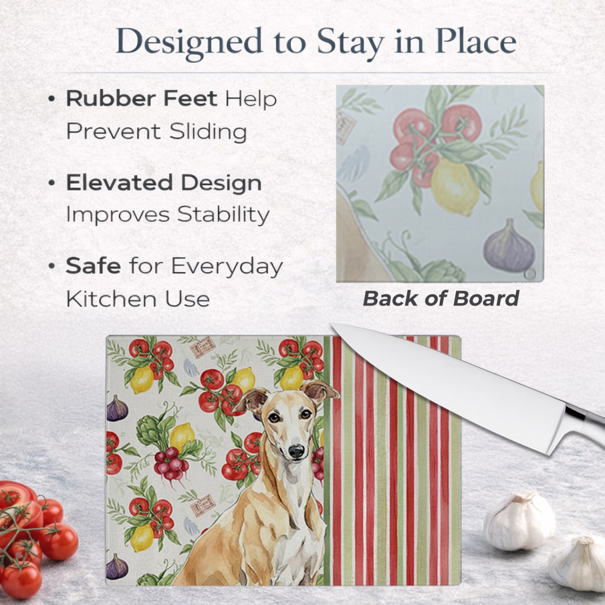 Picture of Carolines Treasures WDK8264LCB 11.25 x 15.25 in. Fawn Greyhound Vegetables Glass Cutting Board