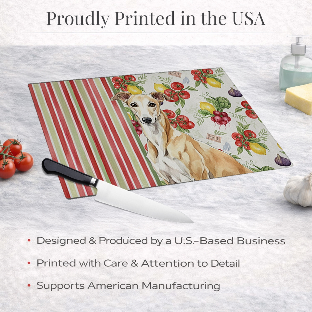Picture of Carolines Treasures WDK8264LCB 11.25 x 15.25 in. Fawn Greyhound Vegetables Glass Cutting Board