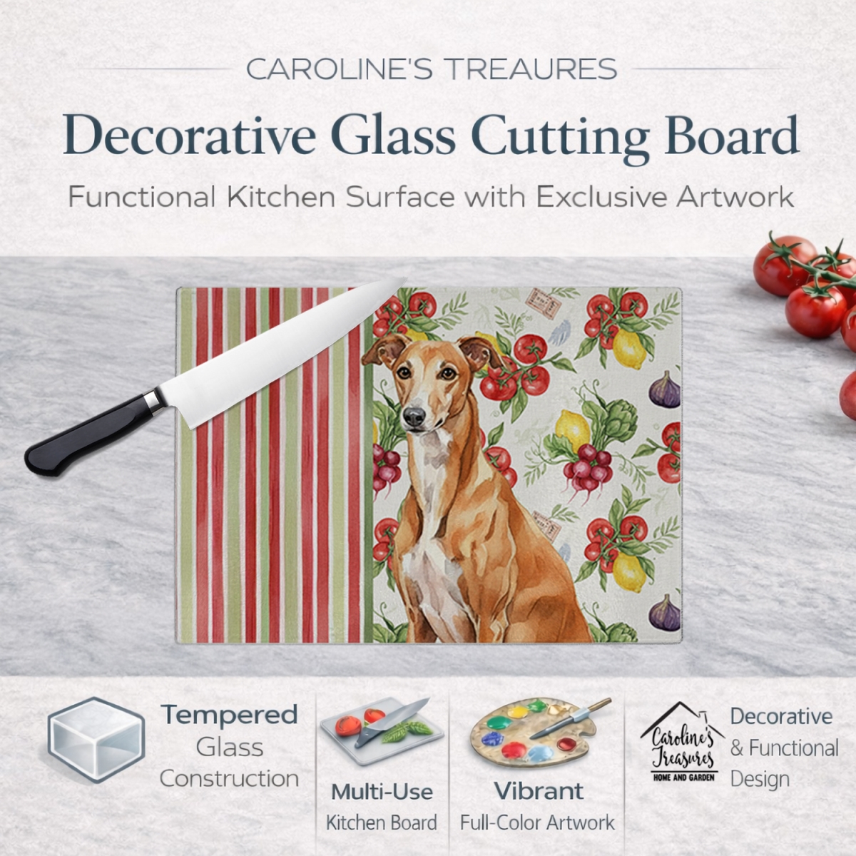 Picture of Carolines Treasures WDK8265LCB 11.25 x 15.25 in. Red Greyhound Vegetables Glass Cutting Board