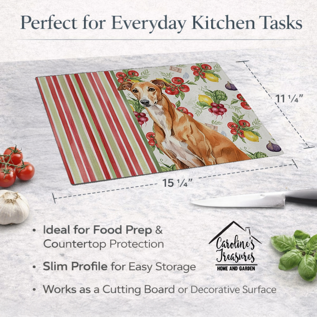 Picture of Carolines Treasures WDK8265LCB 11.25 x 15.25 in. Red Greyhound Vegetables Glass Cutting Board