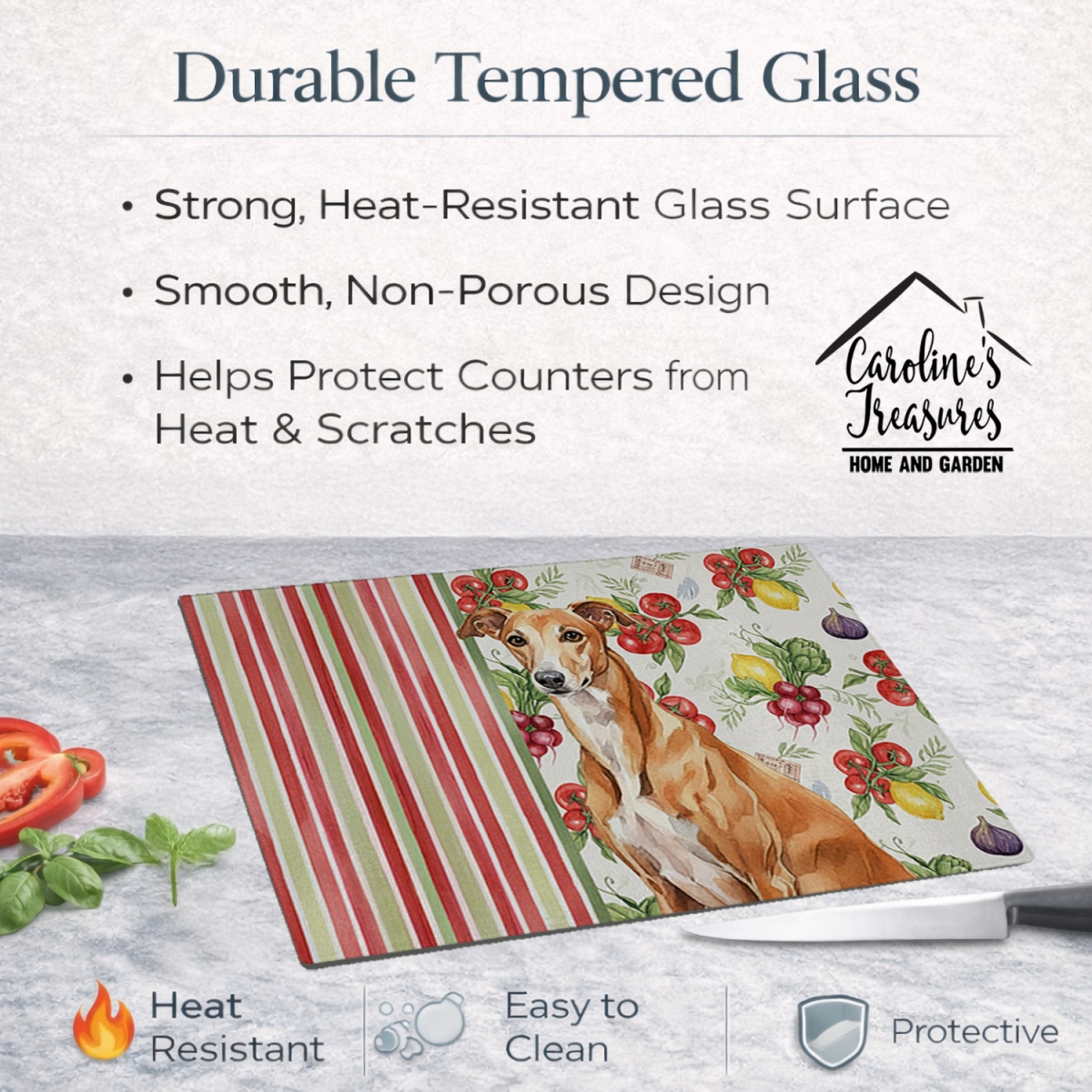 Picture of Carolines Treasures WDK8265LCB 11.25 x 15.25 in. Red Greyhound Vegetables Glass Cutting Board