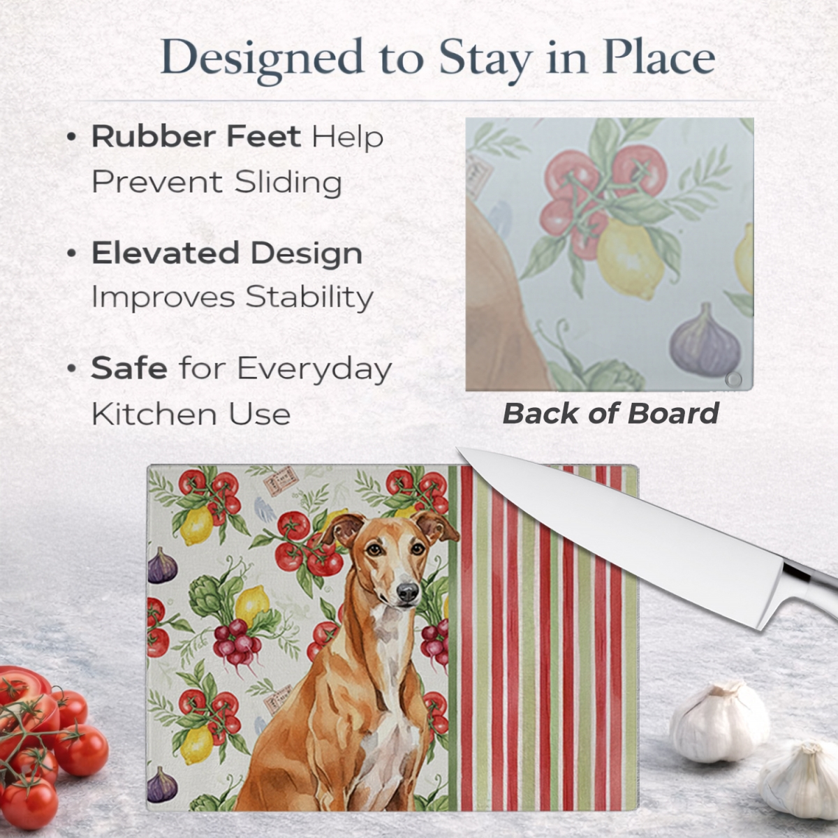 Picture of Carolines Treasures WDK8265LCB 11.25 x 15.25 in. Red Greyhound Vegetables Glass Cutting Board