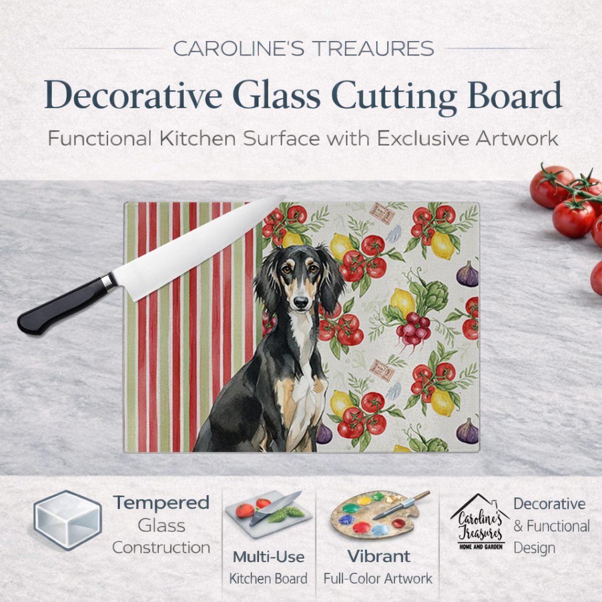 Picture of Carolines Treasures WDK8394LCB 11.25 x 15.25 in. Black & Tan Saluki Vegetables Glass Cutting Board