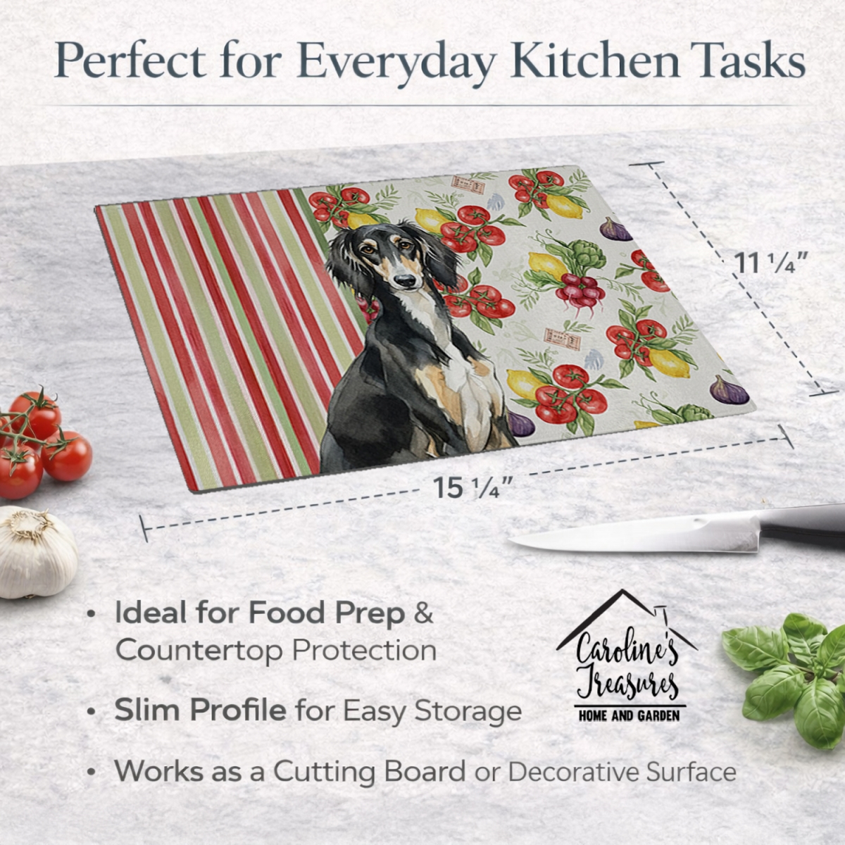 Picture of Carolines Treasures WDK8394LCB 11.25 x 15.25 in. Black & Tan Saluki Vegetables Glass Cutting Board