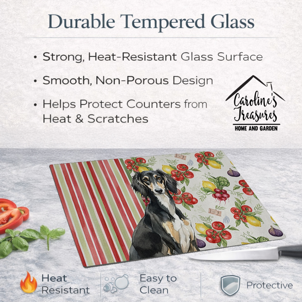 Picture of Carolines Treasures WDK8394LCB 11.25 x 15.25 in. Black & Tan Saluki Vegetables Glass Cutting Board