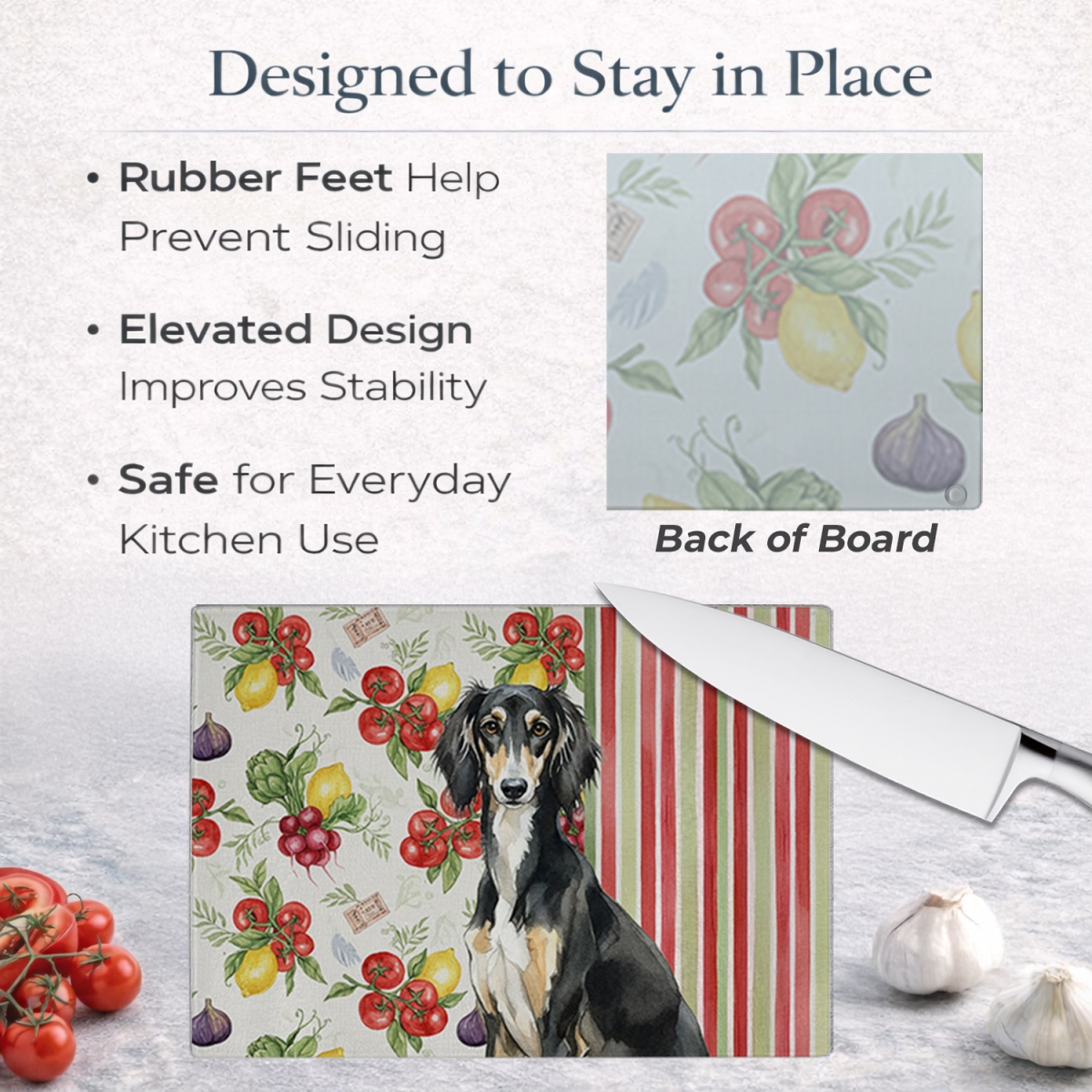 Picture of Carolines Treasures WDK8394LCB 11.25 x 15.25 in. Black & Tan Saluki Vegetables Glass Cutting Board
