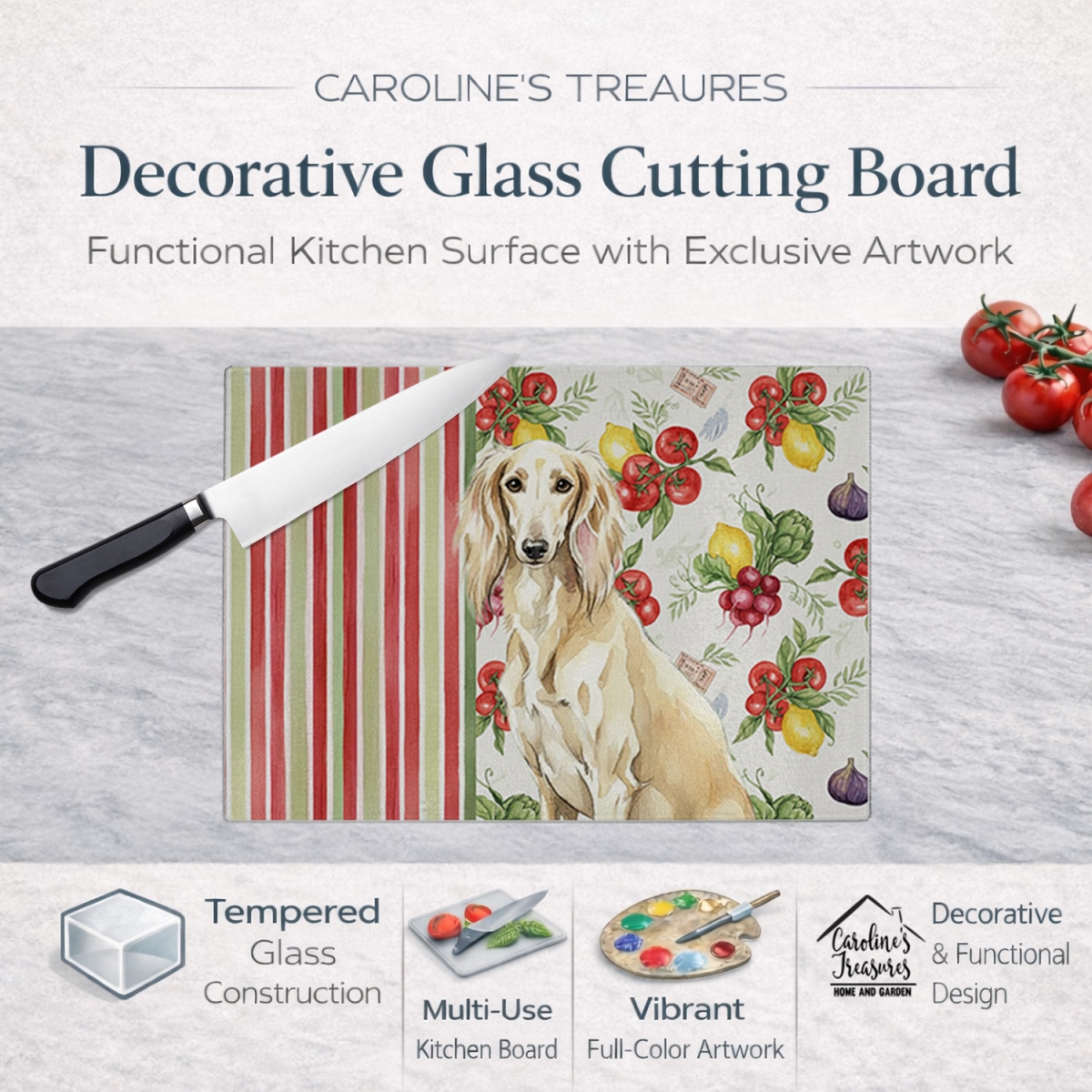 Picture of Carolines Treasures WDK8395LCB 11.25 x 15.25 in. Cream Saluki Vegetables Glass Cutting Board