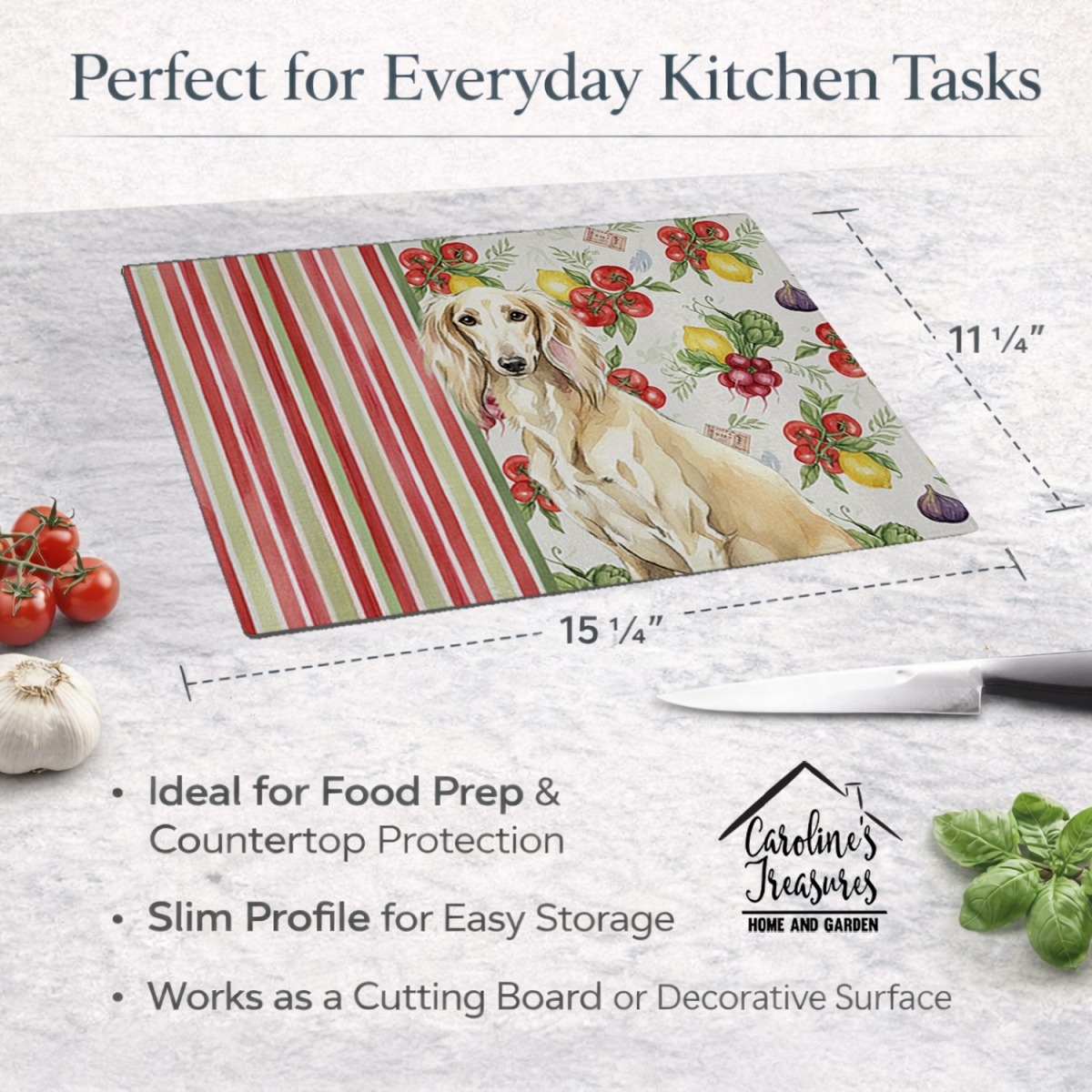 Picture of Carolines Treasures WDK8395LCB 11.25 x 15.25 in. Cream Saluki Vegetables Glass Cutting Board