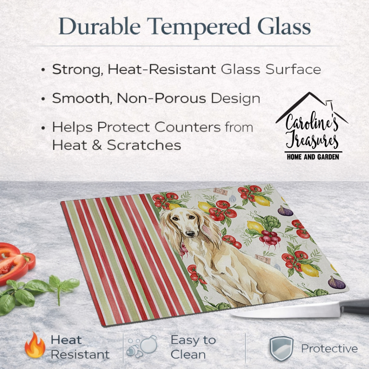 Picture of Carolines Treasures WDK8395LCB 11.25 x 15.25 in. Cream Saluki Vegetables Glass Cutting Board