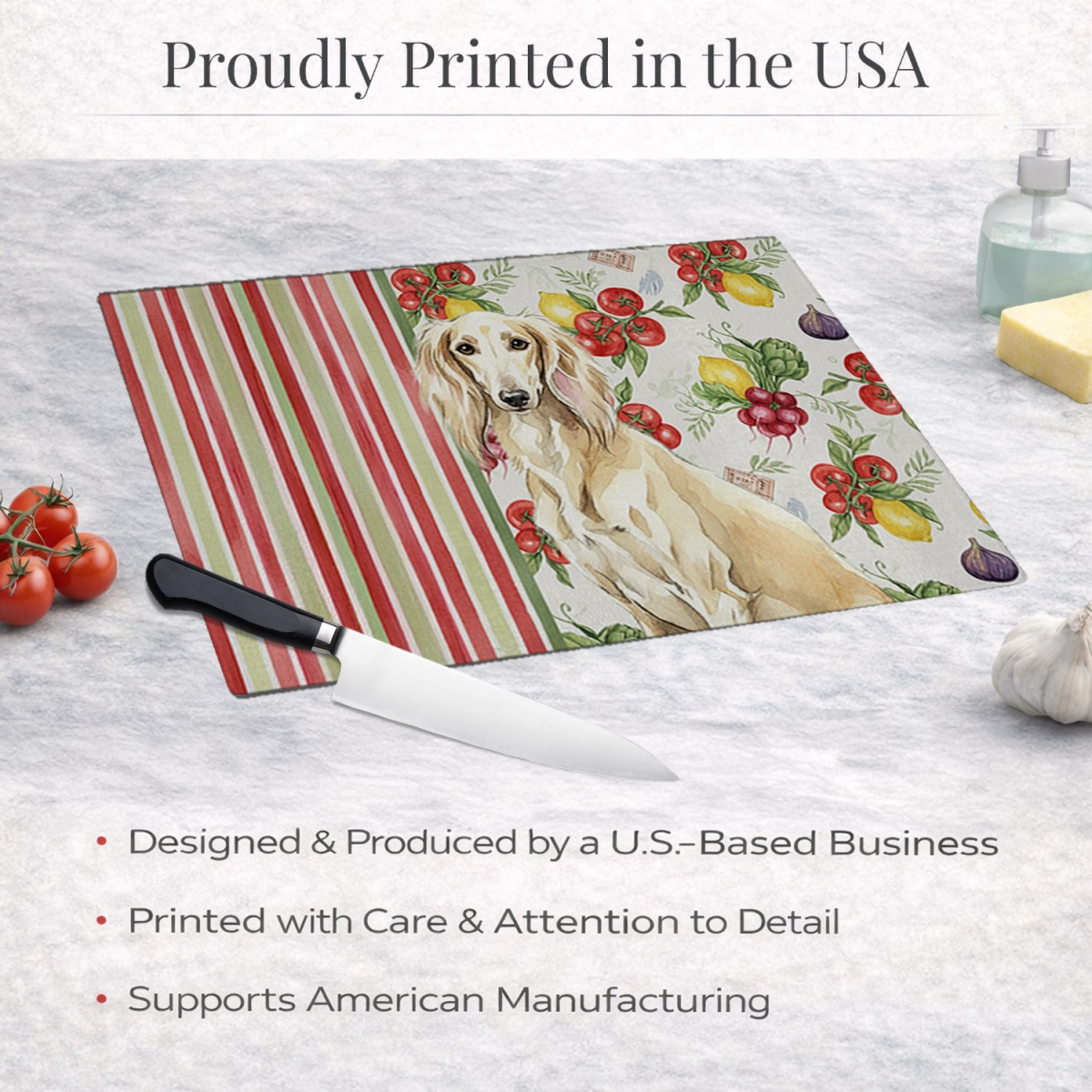 Picture of Carolines Treasures WDK8395LCB 11.25 x 15.25 in. Cream Saluki Vegetables Glass Cutting Board