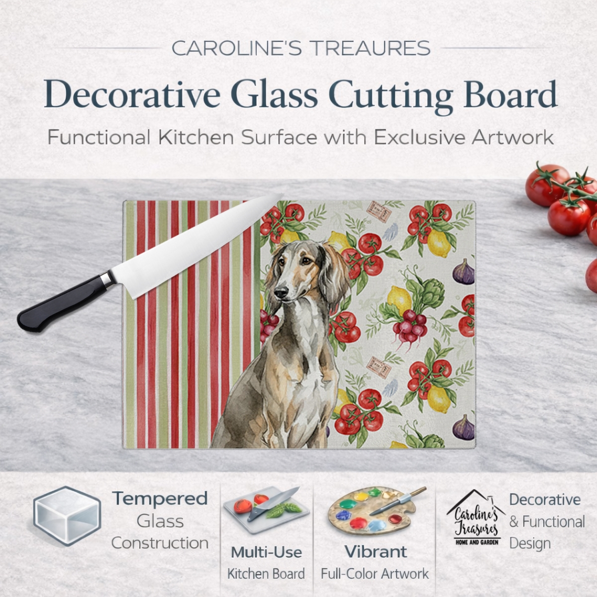 Picture of Carolines Treasures WDK8396LCB 11.25 x 15.25 in. Grizzle Saluki Vegetables Glass Cutting Board