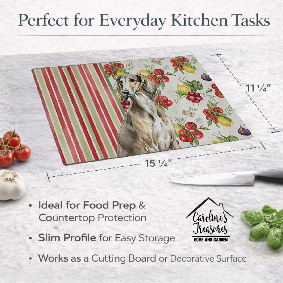 Picture of Carolines Treasures WDK8396LCB 11.25 x 15.25 in. Grizzle Saluki Vegetables Glass Cutting Board