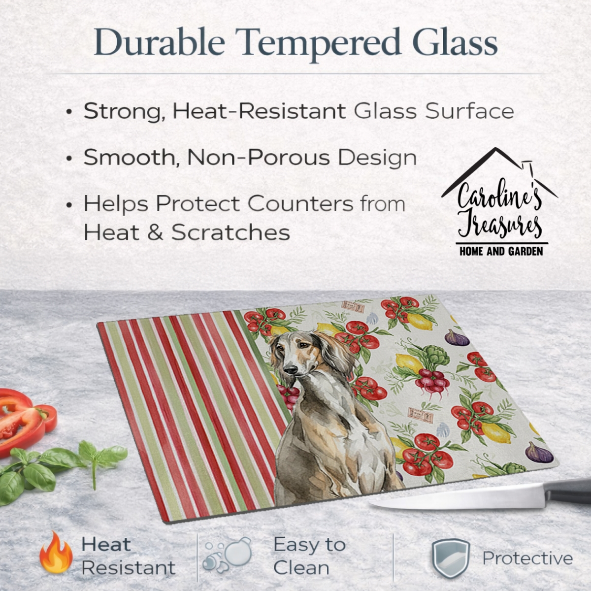 Picture of Carolines Treasures WDK8396LCB 11.25 x 15.25 in. Grizzle Saluki Vegetables Glass Cutting Board