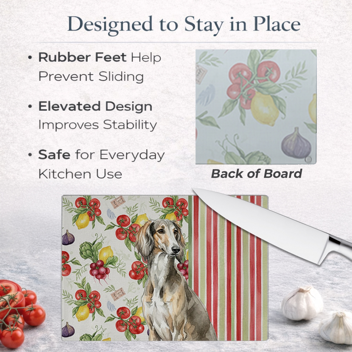 Picture of Carolines Treasures WDK8396LCB 11.25 x 15.25 in. Grizzle Saluki Vegetables Glass Cutting Board