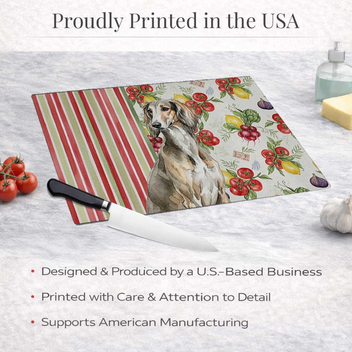 Picture of Carolines Treasures WDK8396LCB 11.25 x 15.25 in. Grizzle Saluki Vegetables Glass Cutting Board