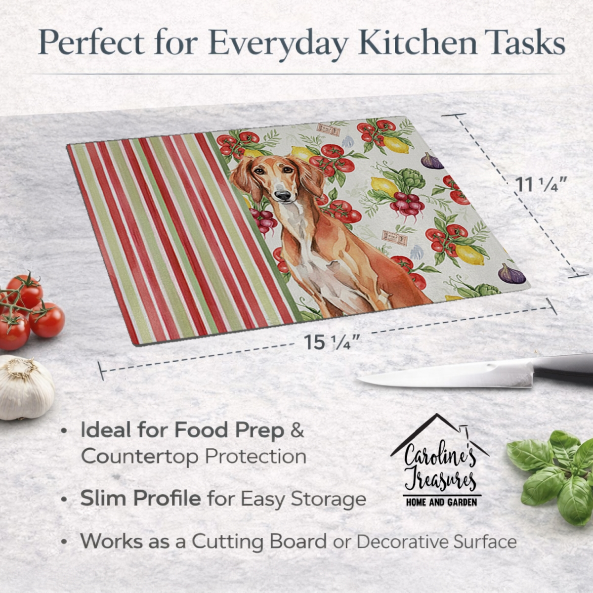 Picture of Carolines Treasures WDK8397LCB 11.25 x 15.25 in. Red Saluki Vegetables Glass Cutting Board