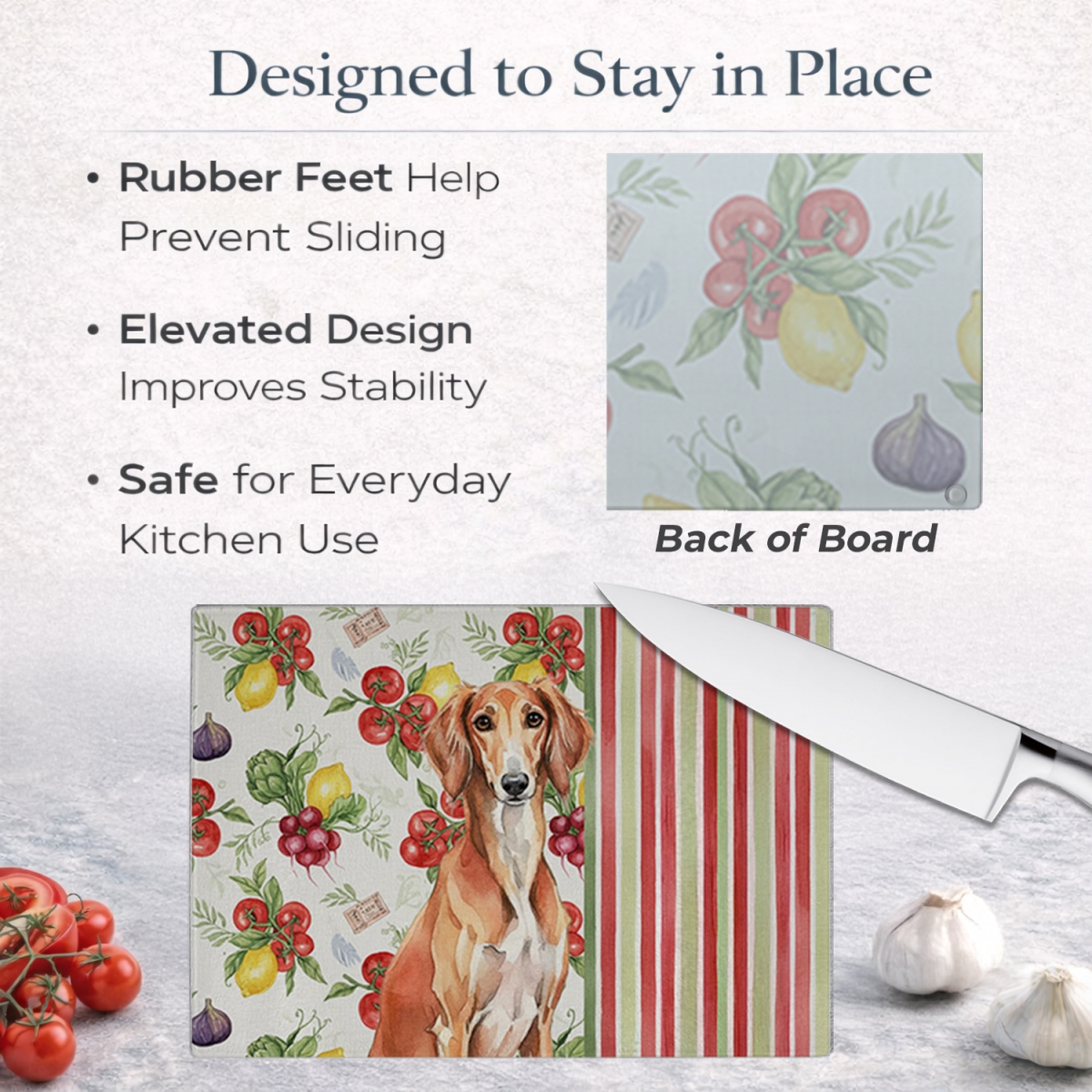 Picture of Carolines Treasures WDK8397LCB 11.25 x 15.25 in. Red Saluki Vegetables Glass Cutting Board