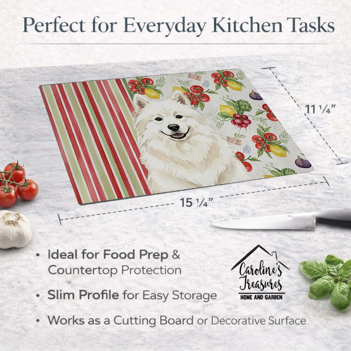 Picture of Carolines Treasures WDK8398LCB 11.25 x 15.25 in. Cream Samoyed Vegetables Glass Cutting Board