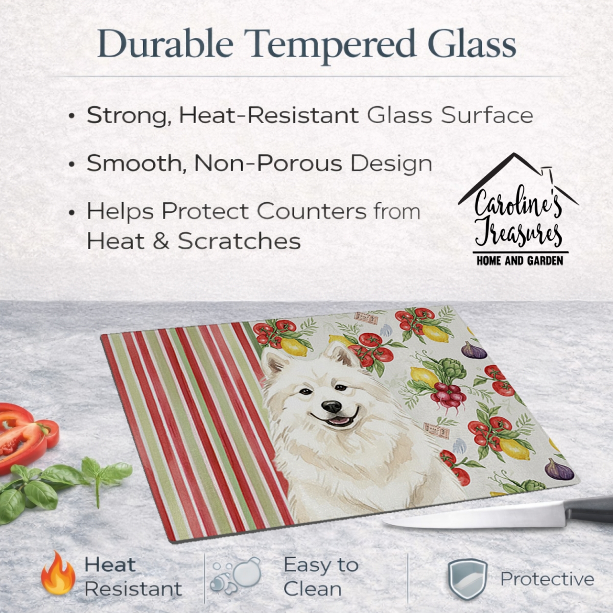 Picture of Carolines Treasures WDK8398LCB 11.25 x 15.25 in. Cream Samoyed Vegetables Glass Cutting Board