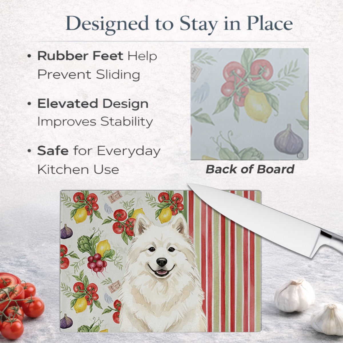 Picture of Carolines Treasures WDK8398LCB 11.25 x 15.25 in. Cream Samoyed Vegetables Glass Cutting Board