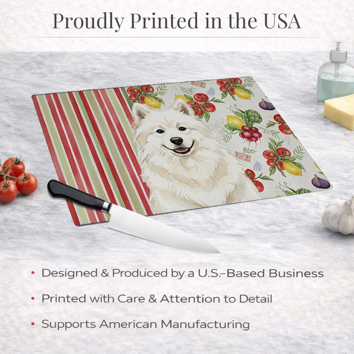 Picture of Carolines Treasures WDK8398LCB 11.25 x 15.25 in. Cream Samoyed Vegetables Glass Cutting Board
