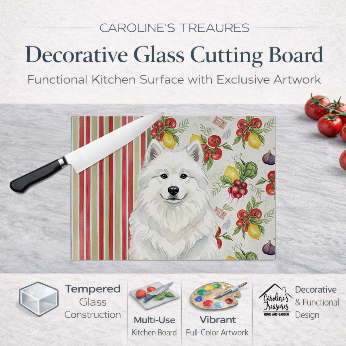 Picture of Carolines Treasures WDK8399LCB 11.25 x 15.25 in. White Samoyed Vegetables Glass Cutting Board